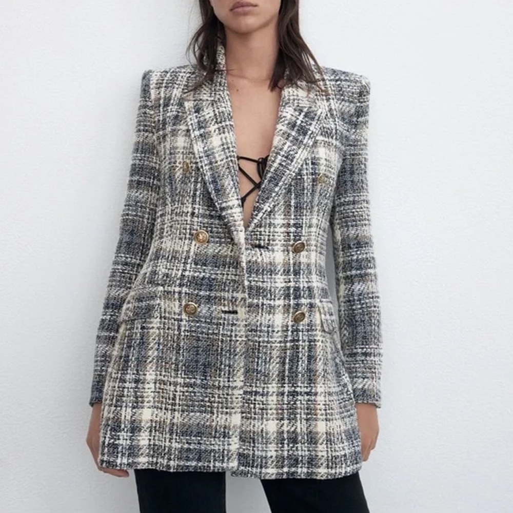 Zara - Tweed Textured Plaid Double Breasted Blazer - Blue/White/Tan